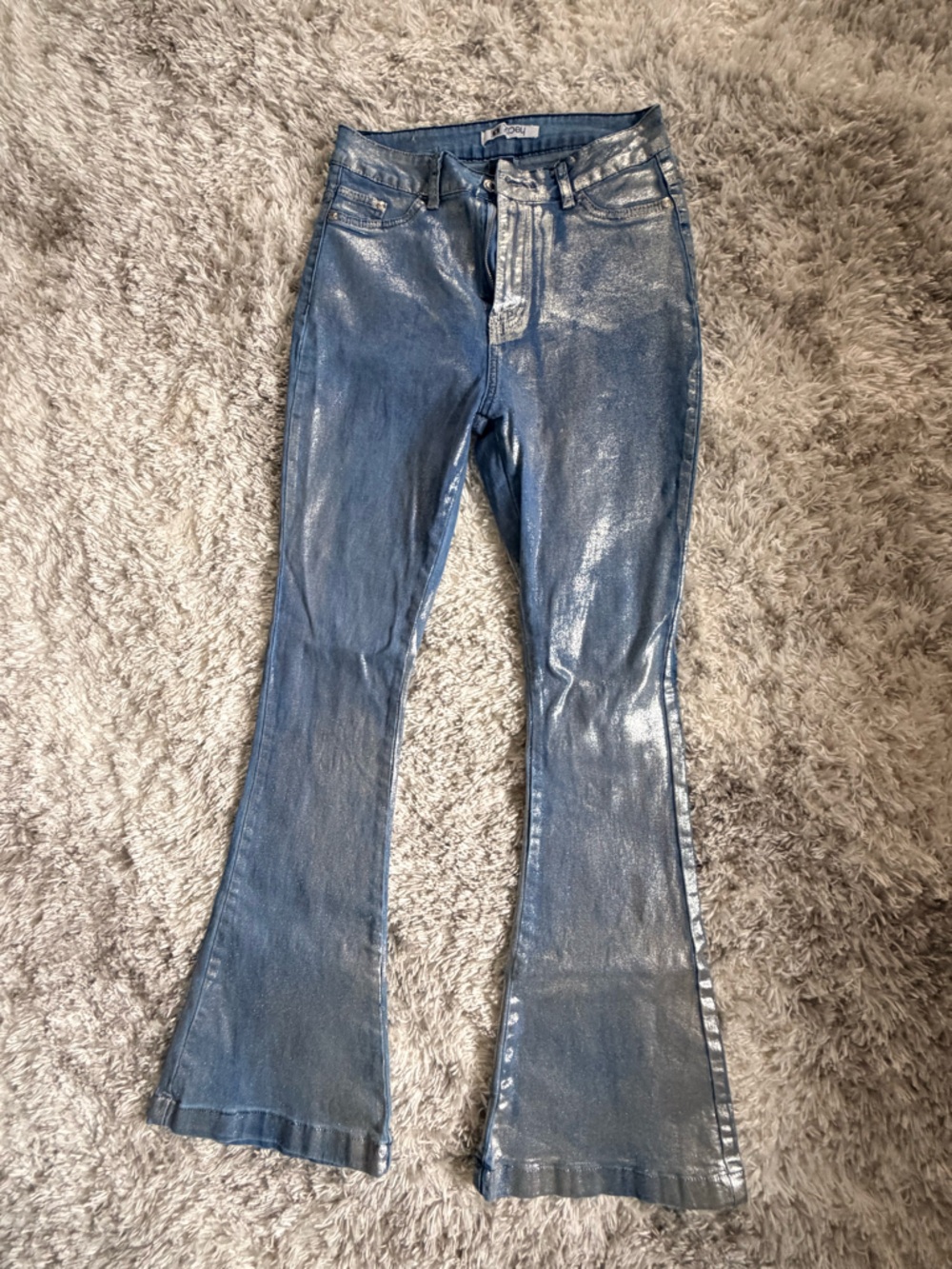 Shimmery Blue Women's Jeans - Sleek Metallic Finish 90’s Vibe
